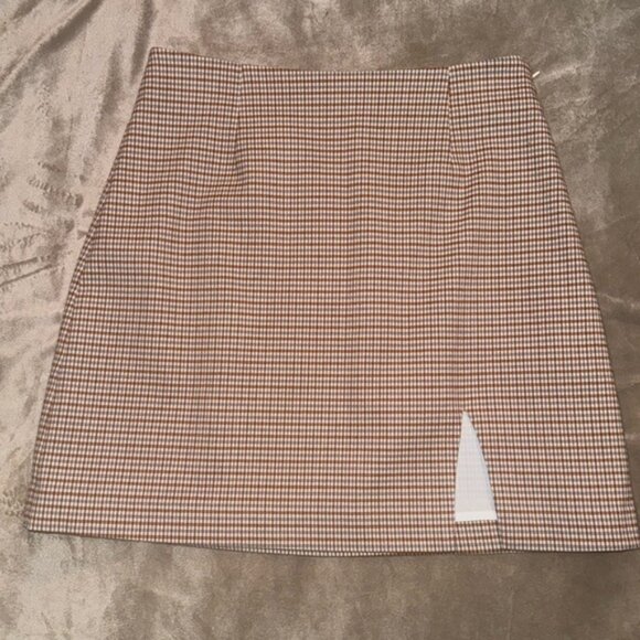 Light Purple and Burnt Orange Plaid Mini Skirt with front Split by 1. STATE - Picture 1 of 8